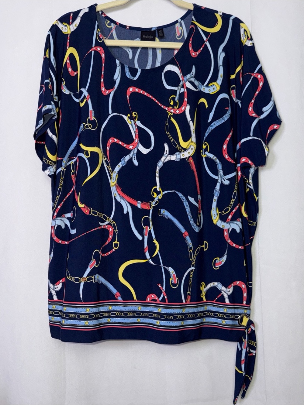 Rafaella Navy Short Sleeve Chain-Print Top with Tie Detail